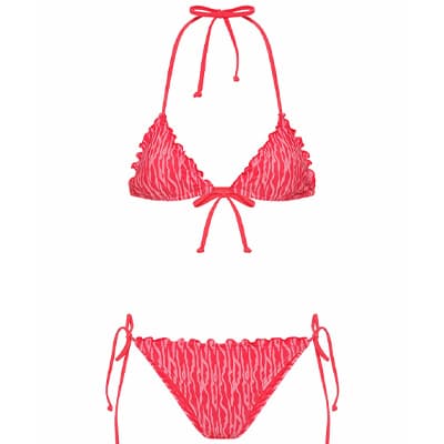 Pink gemusterter Triangel-Bikini mit Rüschen, Neckholder-Oberteil und seitlich zu bindender Bikinihose