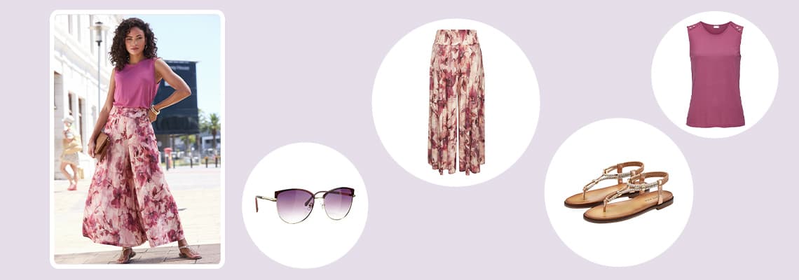 Frau im sommerlichen Look mit pinkem Top, weitem Blumenrock, Sandalen und Sonnenbrille, daneben die Einzelteile des Outfits