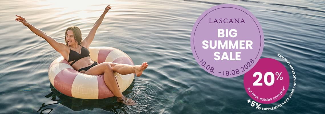BIG SUMMER SALE Lascana du 10.08 au 19.08.2026 – 20 % de réduction, personne en maillot sur une bouée dans l’eau
