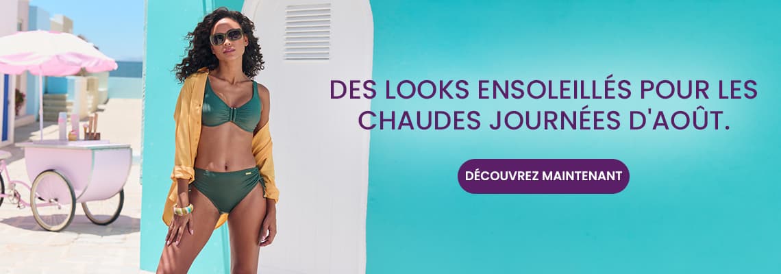 Des looks ensoleillés pour les chaudes journées d’août – Personne en bikini vert et chemise ouverte, plage en arrière-plan