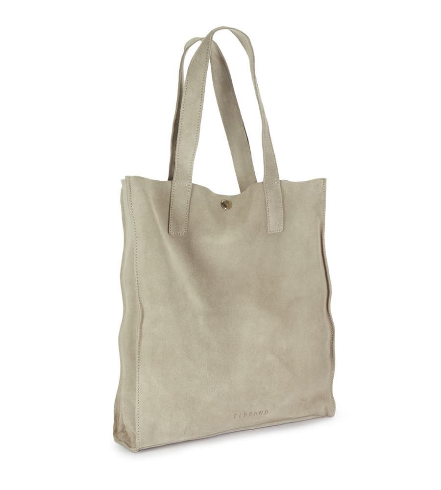 Grand cabas beige à anses longues, bouton pression central et logo discret en bas de sac