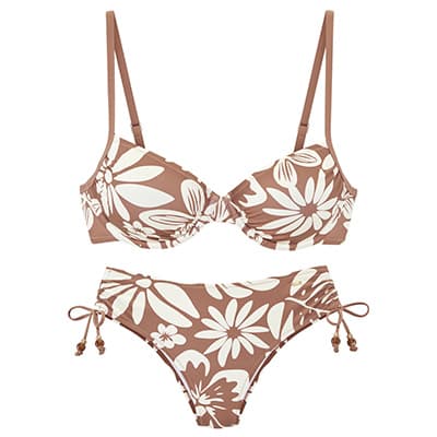 Braun-weißer Bikini mit großem Blumenmuster, BH mit schmalen Trägern und passende Hose mit seitlichen Bändern