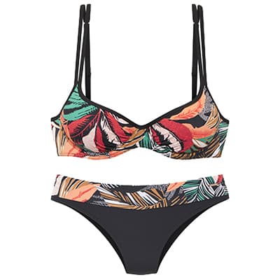 Bikini-Set mit buntem Blattmuster, Oberteil mit schmalen Trägern und dunkler Slip mit gemustertem Bund