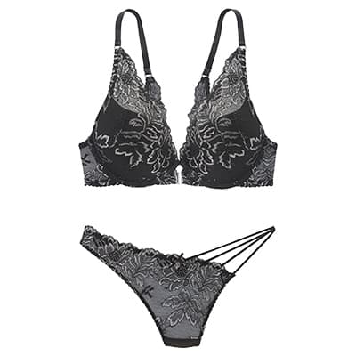 Schwarzes Spitzen-Dessous-Set mit BH und passendem Slip, beide mit floralem Muster und schmalen Trägern
