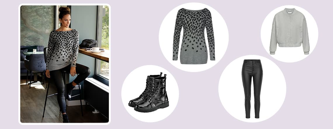 Person trägt grauen Pullover mit schwarzen Punkten, schwarze Hose und schwarze Stiefel. Links daneben Pullover, Stiefel, Hose und Jacke.